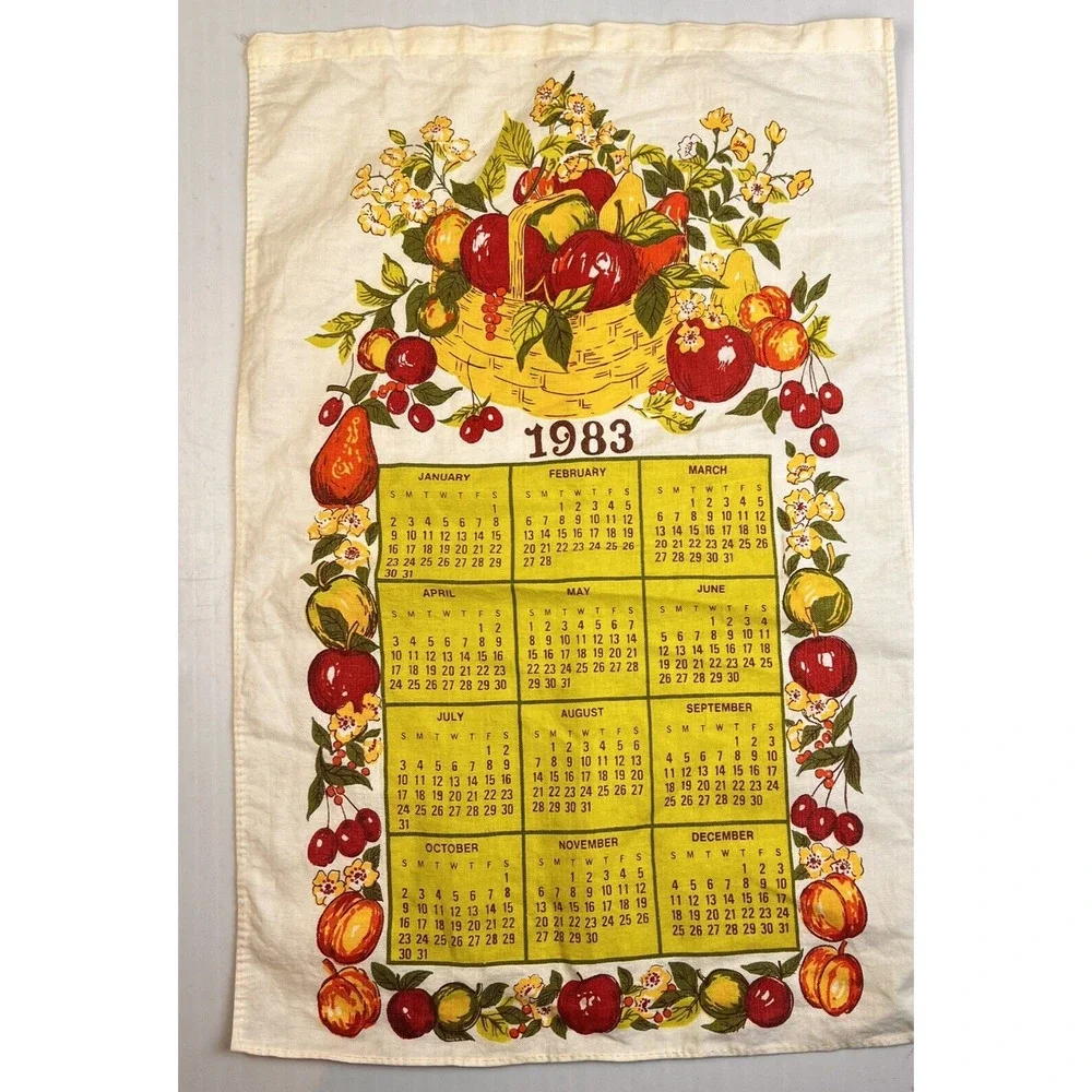1983 Calendar Tea Towel VIntage Kitchen Red Yellow Fruits Linen Tea Towel